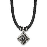 Chisel Stainless Steel Polished Black IP-plated with CZ Black Leather 21 inch Necklace